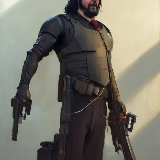 Image similar to greg manchess portrait painting of partially armored john wick as overwatch character, medium shot, asymmetrical, profile picture, organic painting, sunny day, matte painting, bold shapes, hard edges, street art, trending on artstation, by huang guangjian, gil elvgren, ruan jia, greg rutkowski, gaston bussiere