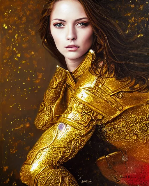 Image similar to acrylic painting portrait of woman in shining golden armor, high production value, intricate details, high resolution, hdr, high definition, masterpiece, realistic, ultrarealistic, highly detailed, hd, sharp focus, non blurry, sharp, smooth