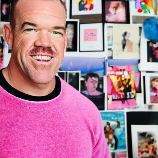 Prompt: professional portrait of Jocko Willink with pink dyed hair wearing a white sweater and holding a teddy bear in a bedroom full of boy band posters and colorful decorations, 8k, dslr,