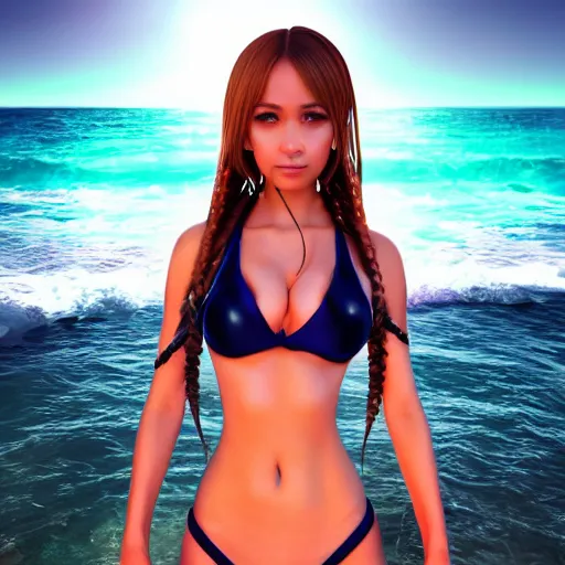 Prompt: bikini girl render as a very beautiful 3d anime girl, hot petite, long braided hair, hazel eyes, full round face, short smile, cinematic lightning, medium shot, mid-shot, highly detailed, trending on Artstation, Unreal Engine 4k, cinematic wallpaper