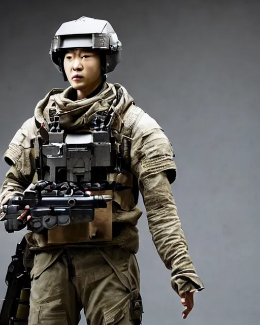 Image similar to Korean Actor Park Solomon as Kazuki Fuse in Live Action Jin Roh: The Wolf Brigade, wearing full armor holding his MG 42 machine Gun, Studio Lighting, shot in the Style of Annie Leibovitz, Mamoru Ushii