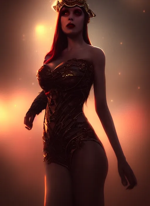 Image similar to realistic matte painting, full body portrait, the duchess of blood, owns the las vegas night, highly detailed, CGsociety, subtle, concept art, HDR, hyper realistic, volumetric lighting, subsurface scattering, unreal