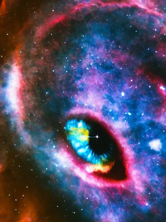 Image similar to close - up photo of human eye, transforms into a nebula, 4 k