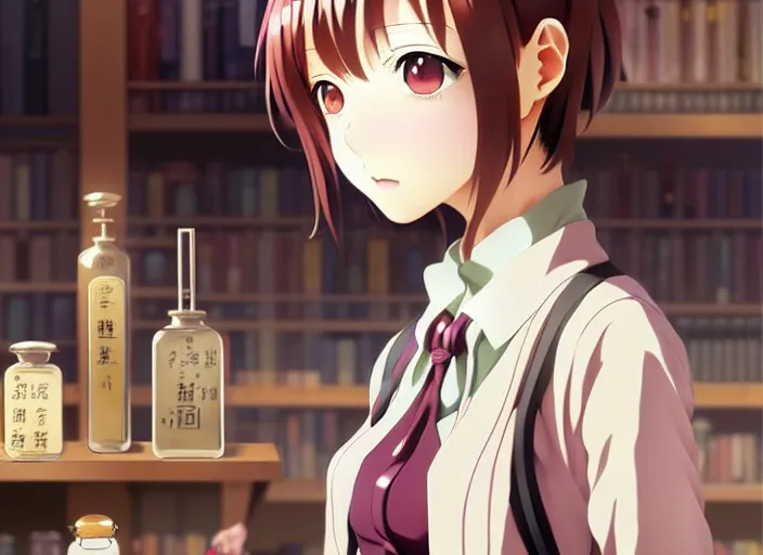 Image similar to anime visual, portrait of a young female traveler in a alchemist's potion shop interior shopping, cute face by ilya kuvshinov, yoshinari yoh, makoto shinkai, katsura masakazu, dynamic perspective pose, detailed facial features, kyoani, rounded eyes, crisp and sharp, cel shad, anime poster, ambient light