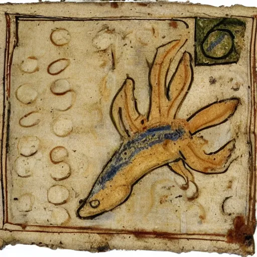 Image similar to a bad drawed cow mix of a seafish in a medieval manuscript, medieval manuscript, golden miniatures