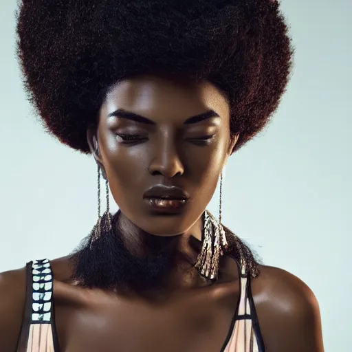 Image similar to close up of head of a black fashion model with large afro, gta style, editorial of vogue magazine, highly detailed