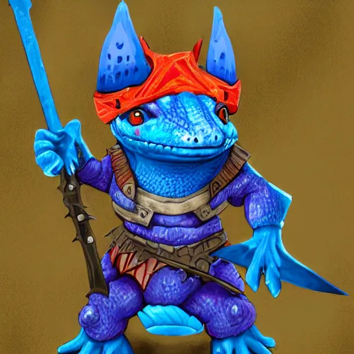 Image similar to a blue lizard warrior who is wearing a silly fluffy colorful hat, highly detailed, fantasy, dnd, wearing armor, holding a sword