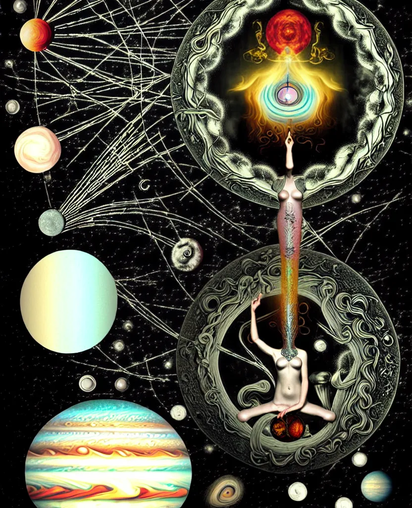 Image similar to whimsical uncanny creature alchemizes unique canto about'as above so below'being ignited by the spirit of haeckel and robert fludd, breakthrough is iminent, glory be to the magic within, to honor jupiter, surreal collage by ronny khalil