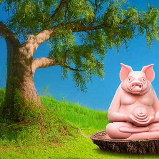 Prompt: a cute pig, meditating like buddha wearing mala beads, on top of a giant mushroom, large willow tree in the background.