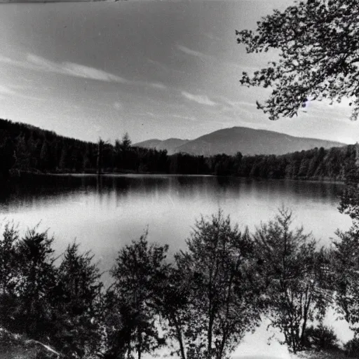 Prompt: an old photo of an autumn lake taken in 1 9 5 3