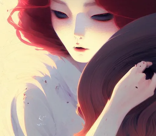 Image similar to beautiful artistic - wave highly detailed portrait female, with kitsune mask, long red hair, by atey ghailan, by greg rutkowski, by greg tocchini, by james gilleard, by joe fenton, by kaethe butcher, dynamic lighting, gradient light blue, brown, blonde cream and white color scheme, grunge aesthetic