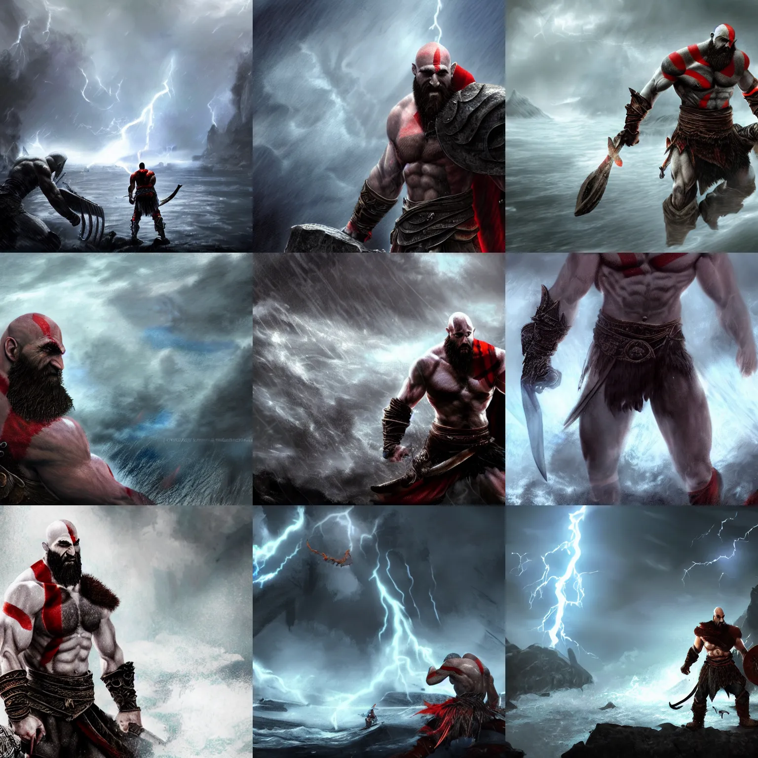 a concept art of kratos from god of war fighting thor, Stable Diffusion