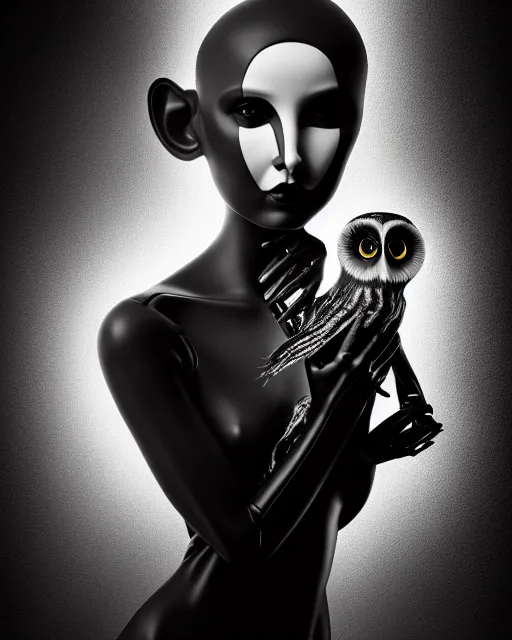 Image similar to surreal mythical dreamy dark artistic black and white fine art 3 / 4 fashion portrait photo of a young beautiful delicate female robot with realistic orchid - owl face, rim light, cinematic, studio dramatic light, poetic, masterpiece, octane render, 8 k, photo - realistic by hg giger and man ray