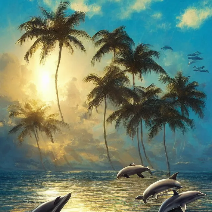 Image similar to dolphin swimming, golden hour, god rays, by artgerm and ismail inceoglu and greg olsen, palm trees, masterpiece, beautiful, intricate, elegant, highly detailed