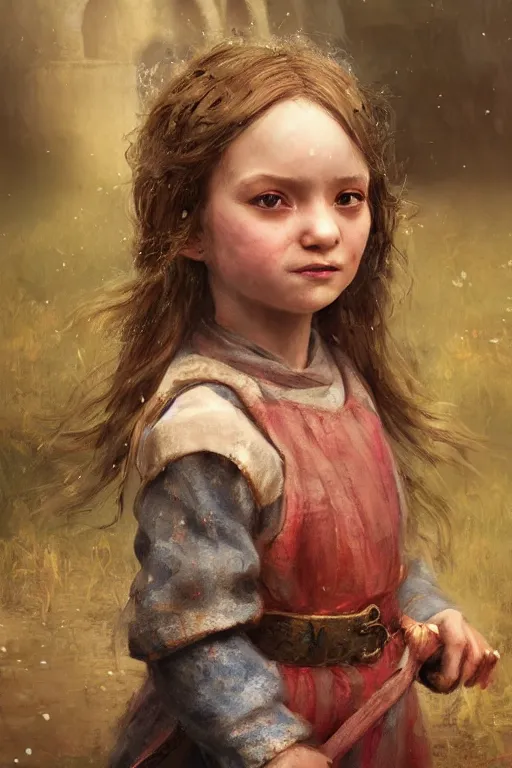 Image similar to medieval little girl, joyful, hope, close - up portrait, intricate, elegant, volumetric lighting, scenery, digital painting, highly detailed, artstation, sharp focus, illustration, concept art, ruan jia, steve mccurry