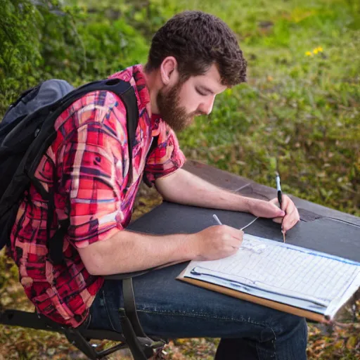 Image similar to Ethan Smith writing his next guide, (EOS 5DS R, ISO100, f/8, 1/125, 84mm, RAW, facial features)