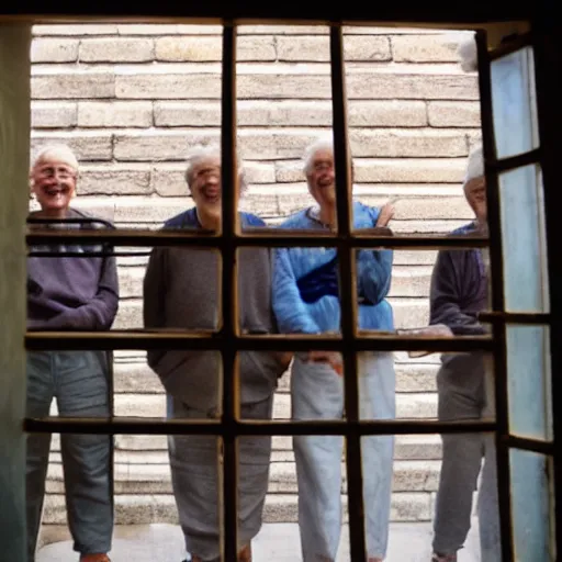 Prompt: several smiling old men seen through a small window