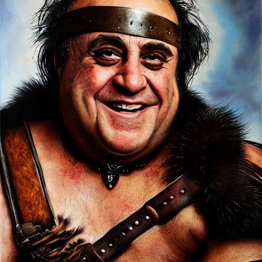 Image similar to danny devito as a barbarian warrior, legendary warrior, leather straps, tattoos, piercings, fur and leather armor, beautiful, sharp detail, photo realism, robin eley, oil painting