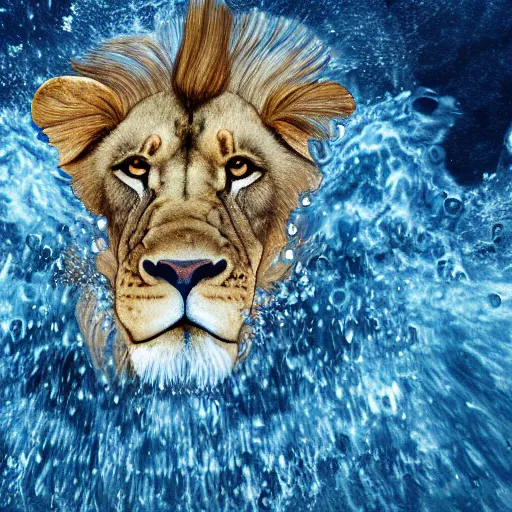 Prompt: a male lion's face breaching through a wall of water, water sprites, splashing, deep blue water color, highly detailed