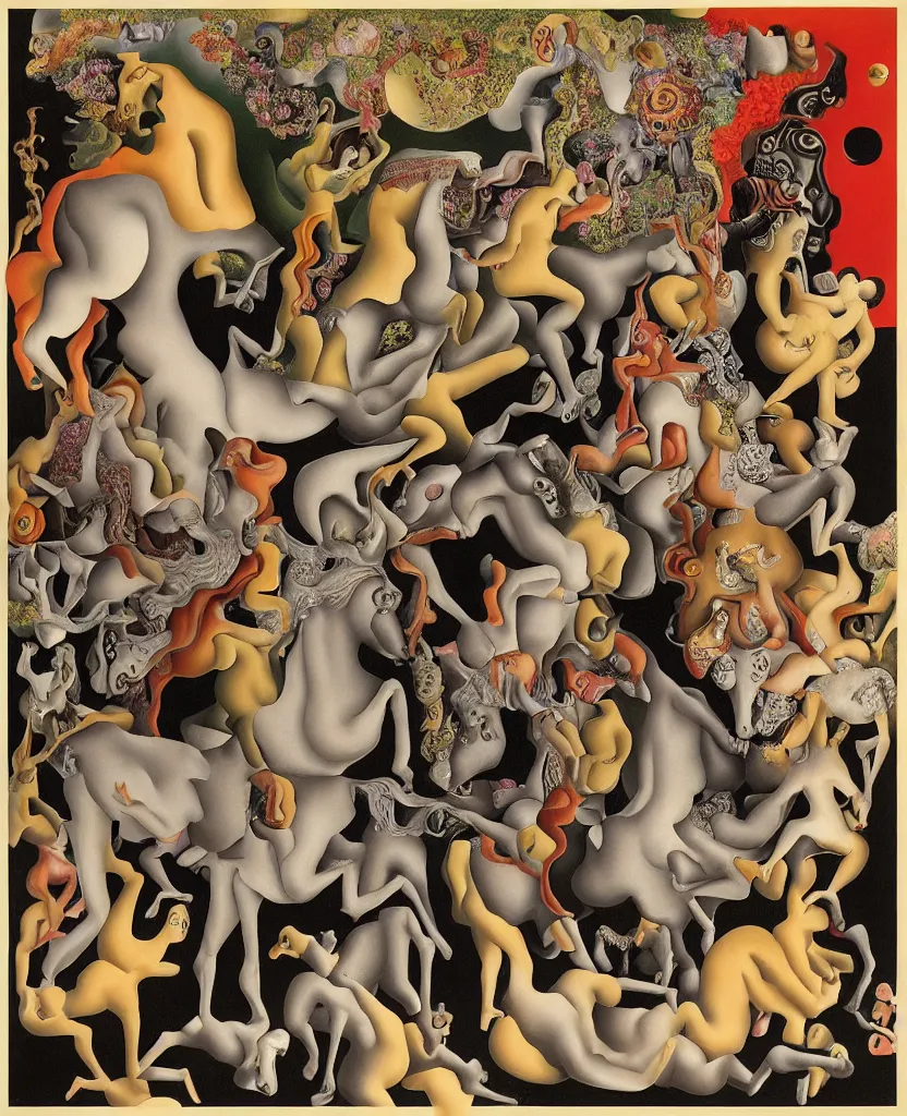 Image similar to the three fates and their horses | pain, pleasure, suffering, adventure, love, life, afterlife, souls in joy and agony disaster, | Japanese pop-surrealism | miracle, love | abstract oil painting, gouche on paper by MC Escher and Salvador Dali on LSD |