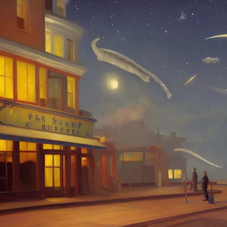 Image similar to a storybook illustration of space whales, fireflies, quiet night foggy scene painted by Edward Hopper masterpiece, intricate, elegant, fantasy, highly detailed, digital painting, concept art, sharp focus, artstation