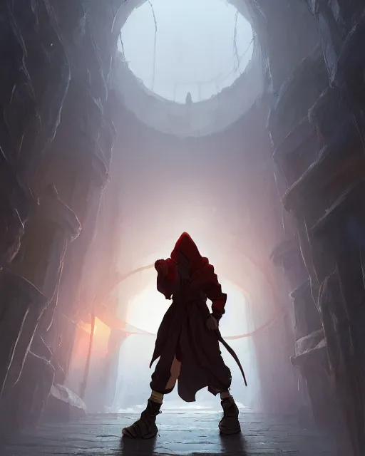 Prompt: a hooded adventurer standing in a dungeon. atmospheric lighting, 8 k. by makoto shinkai, stanley artgerm lau, wlop, rossdraws, james jean, andrei riabovitchev, marc simonetti, krenz cushart, sakimichan, d & d trending on artstation, digital art.