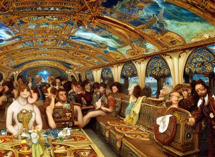 Prompt: incredibly beautiful breaktakingly detailed painting of the inside of the ornate underwater train to atlantis, various amazingly wonderful bizarre cool weird characters sat down, by ford maddox brown and william powell frith and frederic leighton, ultra wide angle, 4 k