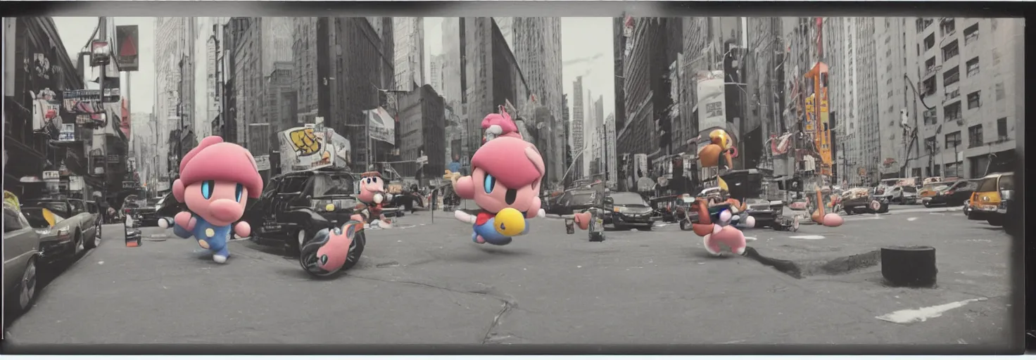 Image similar to Polaroid Photo of Kirby from super smash bros on the street in New York City