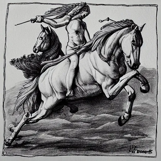 Image similar to “8k ink drawing of Diana huntress, Horses in run, intricate in style of Michelangelo and Albrecht Durer, hand made paper”