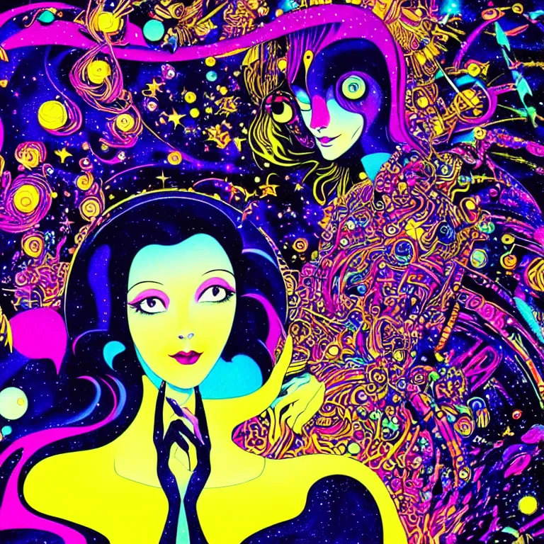 Image similar to cosmic girl surrounded by symbols, medium close - up, realistic face, psychedelic crystal background, bright neon colors, highly detailed, cinematic, eyvind earle, tim white, philippe druillet, roger dean, lisa frank, aubrey beardsley, hiroo isono