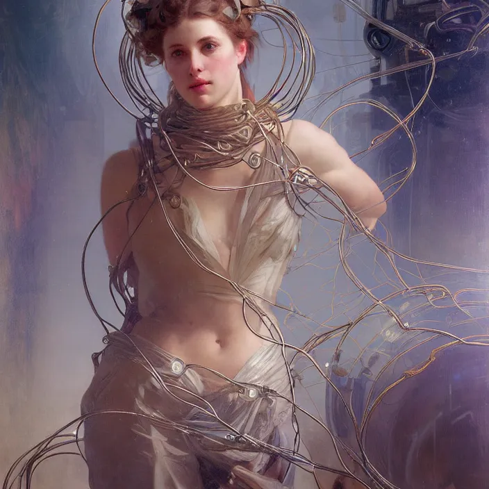 Prompt: neoclassical portrait of a 2 0 4 4 space sport engineer, it is decorated with long wires that fall like vines and wears a huge computer crown. by jeremy mann and alphonse mucha, fantasy art, photo realistic, dynamic lighting, artstation, poster, volumetric lighting, very detailed faces, 4 k, award winning