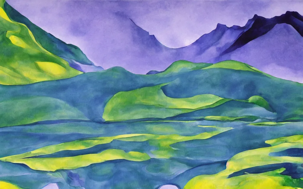 Image similar to the alps and reflection in a lake in the style of georgia o keeffe. colorful, wavy. painting. medium long shot. perspective. color palette of blue, yellow, purple, green. alpenguhen