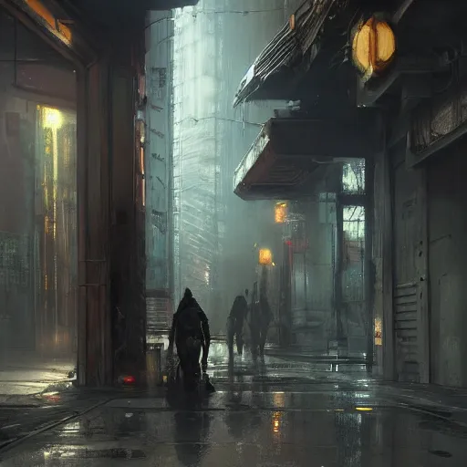 Image similar to doorway, empty sidewalk of a cyberpunk megacity, dramatic lighting, detailed background, gorgeous view, realistic, high detail, depth of field, lightrays, atmospheric, digital art, painted by jeremy mann, trending on artstation