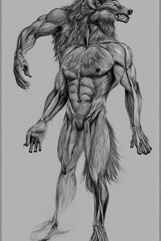 Image similar to anatomical illustration of a werewolf, photorealistic, diagram