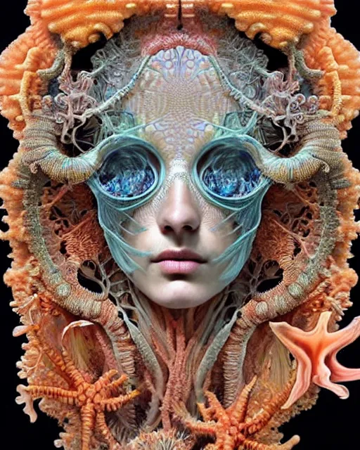 Prompt: hyperrealistic detailed underwater face portrait of the beautiful goddess of the fish skeletons with an intricate headgear of corals, sea kelp, sea plants, fish, starfish, jellyfish, art by ernst haeckel, john william godward, android jones, alphonso mucha, h. r. giger, gothic - cyberpunk, ornamental, beautiful deep colours,