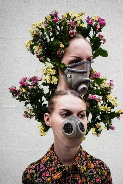 Prompt: a surreal portrait of a woman wearing gas mask melting into a wall of flowers in the style of brooke didonato, editorial fashion photography from vogue magazine, full shot, nikon d 8 1 0, ƒ / 2. 5, focal length : 8 5. 0 mm, exposure time : 1 / 8 0 0, iso : 2 0 0