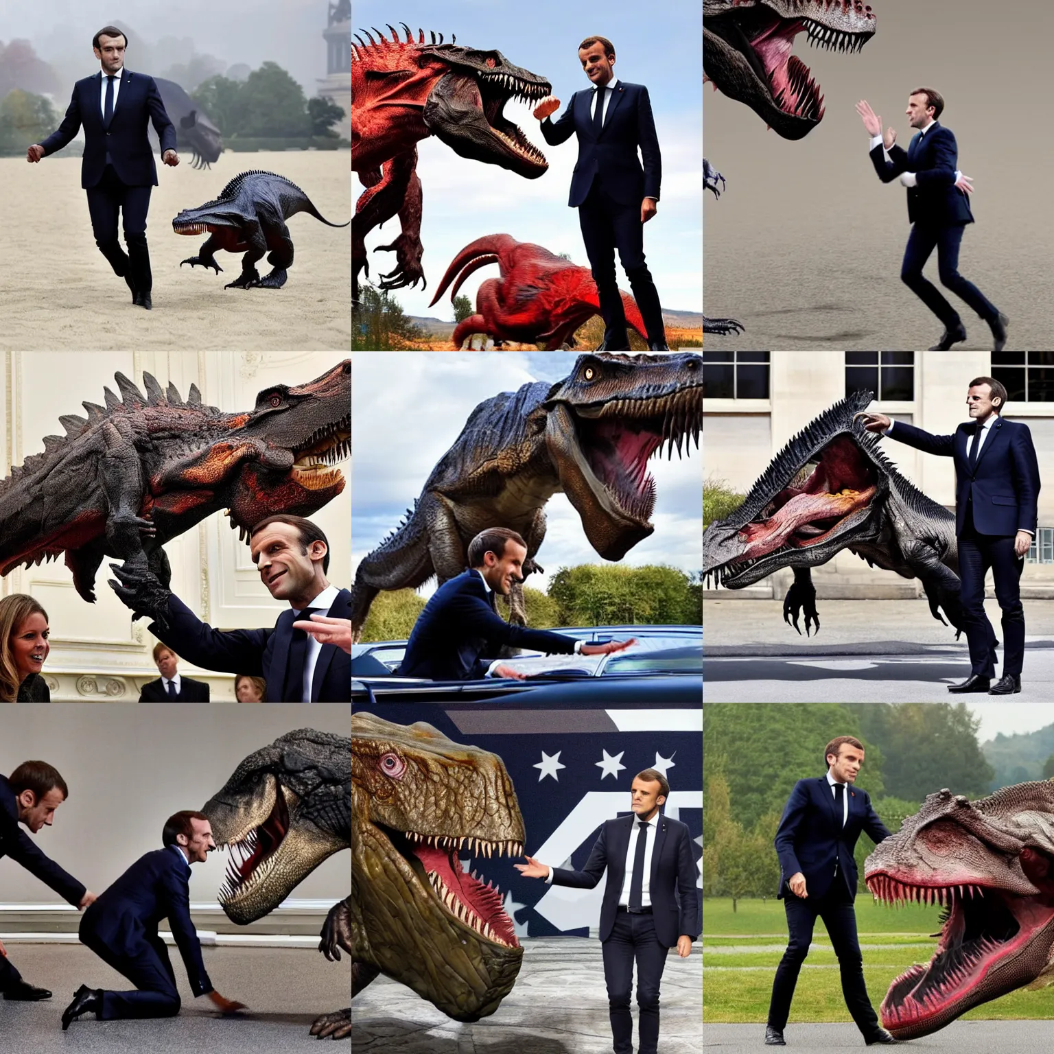 Prompt: emmanuel macron ridding tyrannosaurus rex, realistic