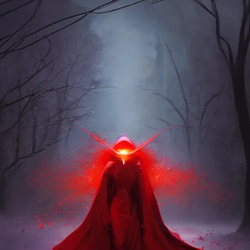 Prompt: ''cinematic shot'' red hooded mage ( spectre ) with leaves falling simetrical 8 k atmosferic realistic, holding a bell, made by ivan aivazovsky, peter mohrbacher, greg rutkowski volumetric light effect broad light oil painting painting fantasy art style sci - fi art style realism premium prints available artwork unreal engine