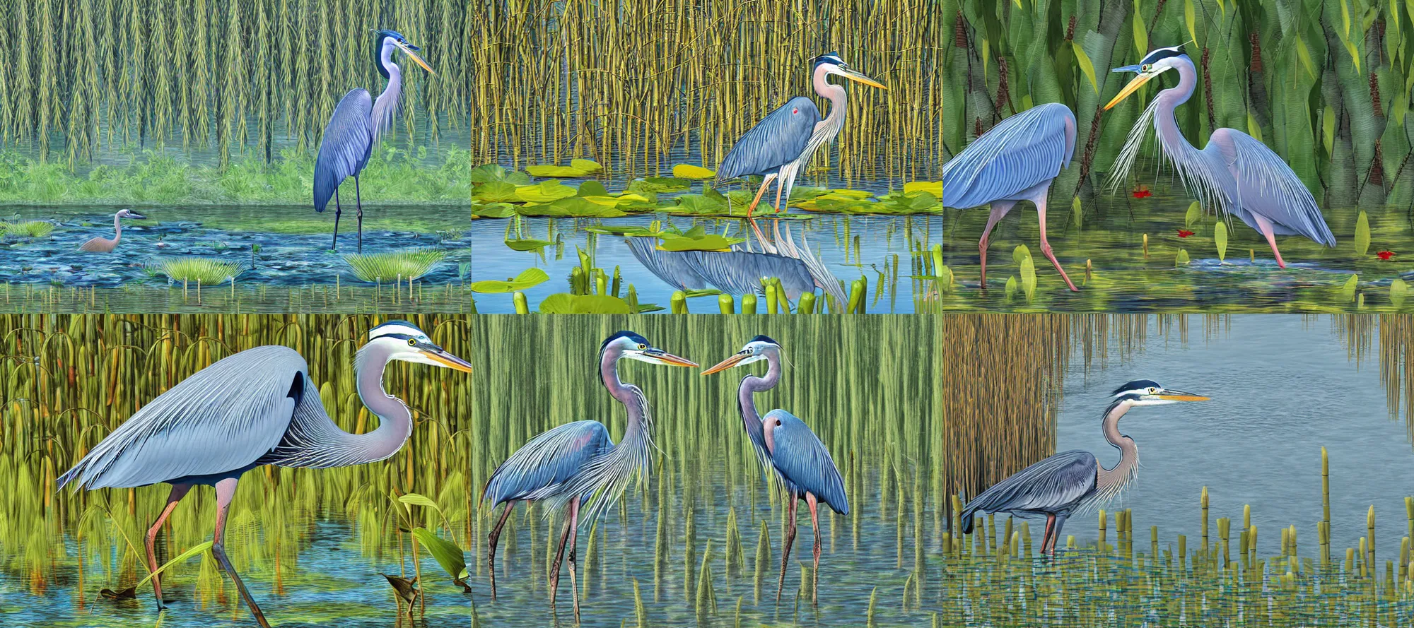 Prompt: a majestic blue heron in shallow pond stalking fish, beautiful willow and cherry blosom trees, lily pads, bullrushes, marsh, puffy clouds, highly detailed digital art