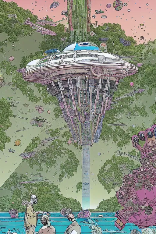 Prompt: multi level botanical garden spaceship floating in space, calm, tranquil, faded effect, detailed, vaporwave colors, by geof darrow, geof darrow art,