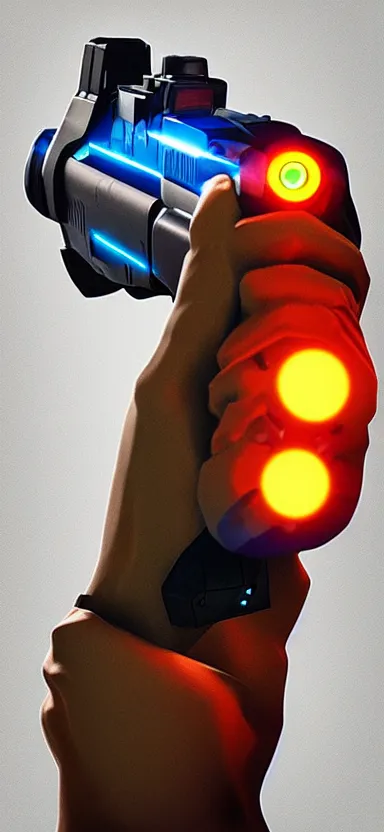 Image similar to “ hand in glove holding laser gun from the side, cinematic, digital art, fortnite style, award winning ”