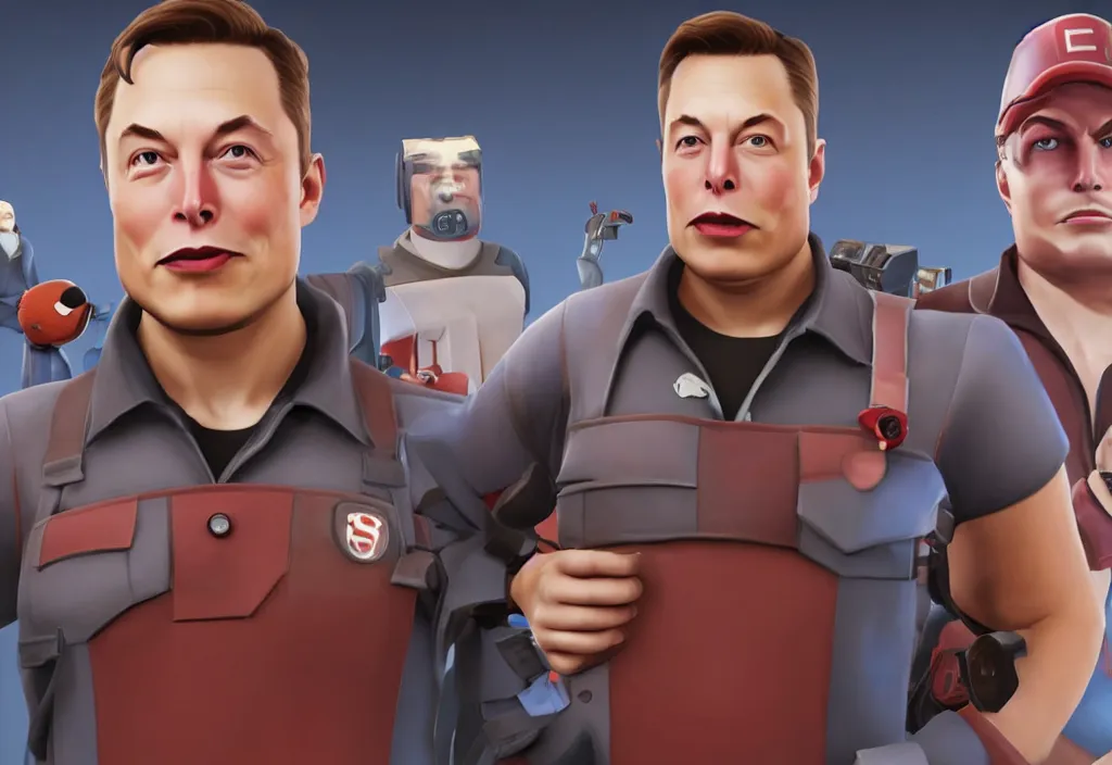 Image similar to elon musk in team fortress 2, elon musk in the video game team fortress, gameplay screenshot, close up, 3 d rendering. unreal engine. amazing likeness. very detailed.