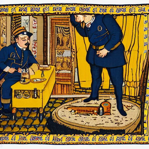 Prompt: a tapestry of a man in a uniform observing the sealing of a very important bottle of spirits