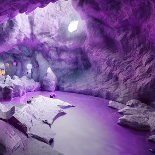 Image similar to inside an amethyst cave with a hot spring, highly detailed, 4k, HDR, award-winning, artstation, octane render