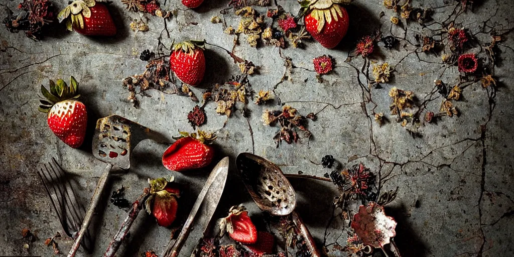Prompt: side view, decaying rotting strawberry and blackberry, moldy, on an antique distressed table top, dried flowers, metal kitchen utensils, old kitchen backdrop, dark kitchen, style by peter lippmann, intricate detail,