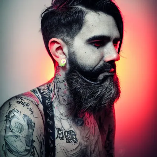 Image similar to bust portrait of handsome proud man mid 3 0 s with short black hair with grey hair, piercing in eyebrow, very short full beard, cyberpunk, fashion editorial photography, neon color scheme, waist up, low angle