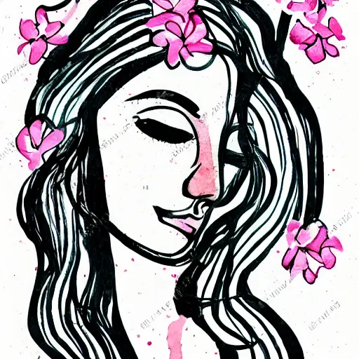 Image similar to Abstract line drawing of a woman’s face with watercolour flowers in the background,