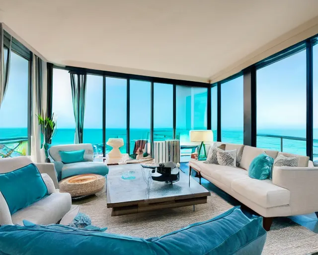 Prompt: A modern living room in a ocean hues style, ocean view, calm, relaxed style, harmony, wide angle shot, 8k resolution