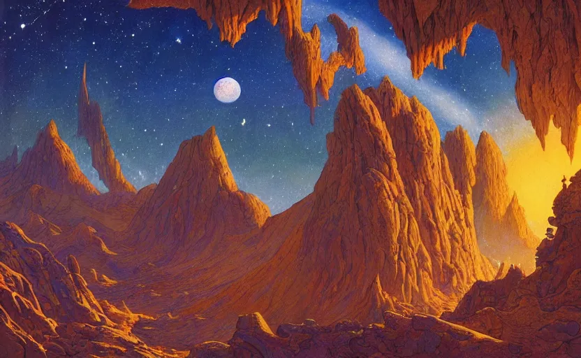 Prompt: mountains, stars and paisley filled sky, artstation, intricate, highly detailed, digital painting, concept art, sharp focus, illustration by Roger Dean and Ivan Bilibin