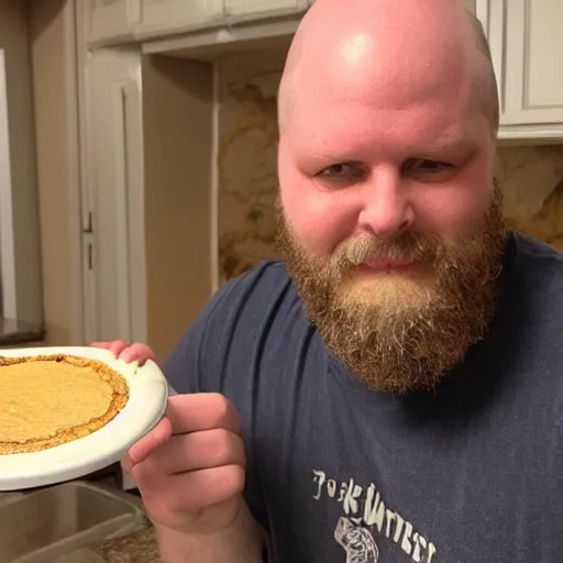 Image similar to ethan van sciver with a bald head and grey trimmed beard is sniffing a warm baked pie in his kitchen in the middle of the night h 7 0 4